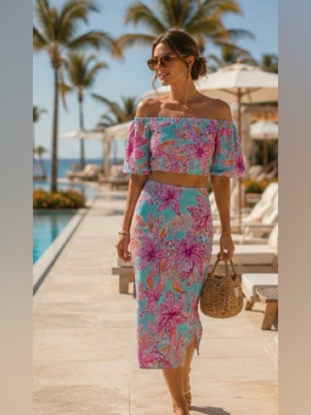 Lilly Pulitzer Esmeray Crop Top & Midi Skirt Set Surf Blue Bonita Blooms Resort - Picture 4 of 16